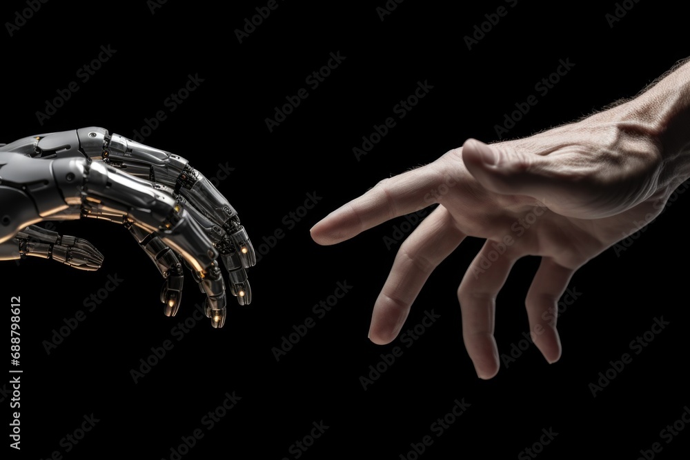 Poster Two hands reaching towards each other in front of a black background. Suitable for concepts of connection, teamwork, support, unity, and partnership. Can be used in various design projects