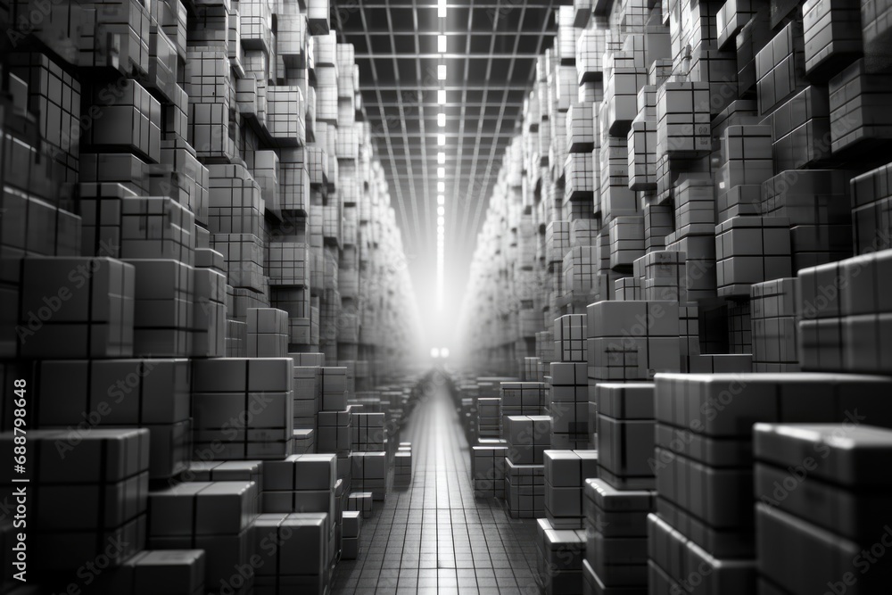 Poster A large warehouse filled with numerous boxes. Versatile image suitable for various commercial and industrial uses