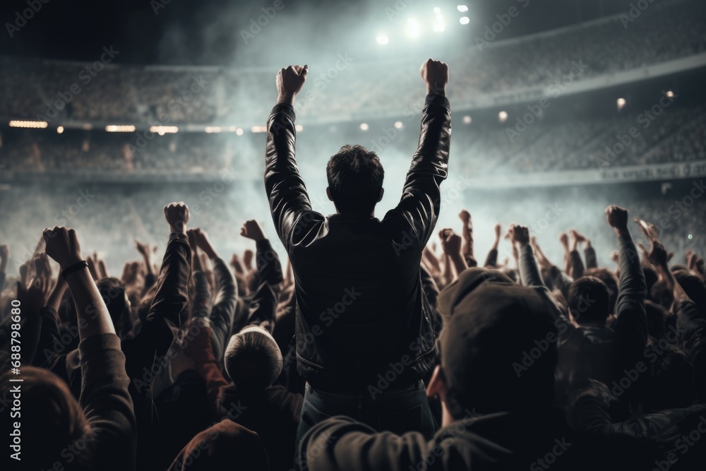 Poster a man standing confidently in front of a lively crowd at a concert. this image can be used to portra