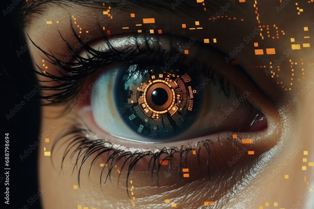 Poster Close-up view of a person's eye with a clock on it. Perfect for time-related concepts and themes