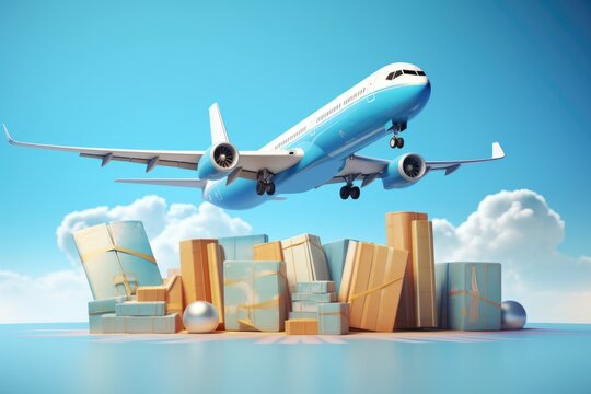 An airplane flying over a pile of boxes. Can be used to depict transportation, logistics, or delivery concepts