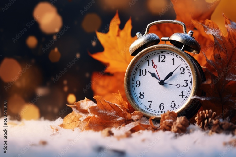 Poster an alarm clock sitting atop a pile of leaves. can be used to represent the passing of time or the ch
