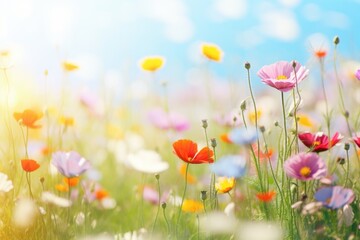 Field of colorful flowers with a beautiful blue sky in the background. Perfect for nature enthusiasts and summer-themed designs