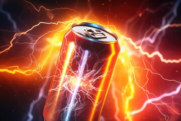 A can of energy drink with a vibrant lightning background. Suitable for promoting energy drinks or illustrating power and energy concepts