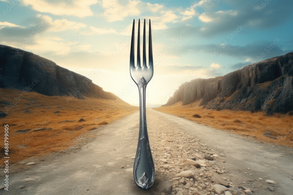 Poster a fork stuck in the middle of a dirt road. suitable for concepts related to choices, decisions, and 