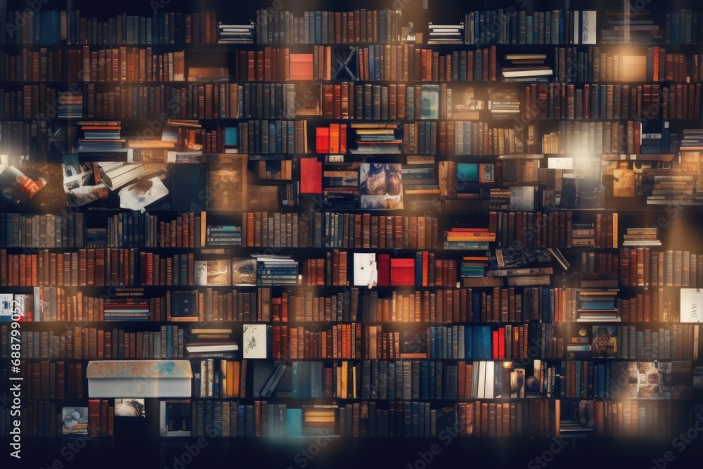 Poster a bookshelf filled with a wide variety of books. perfect for educational or library-related projects