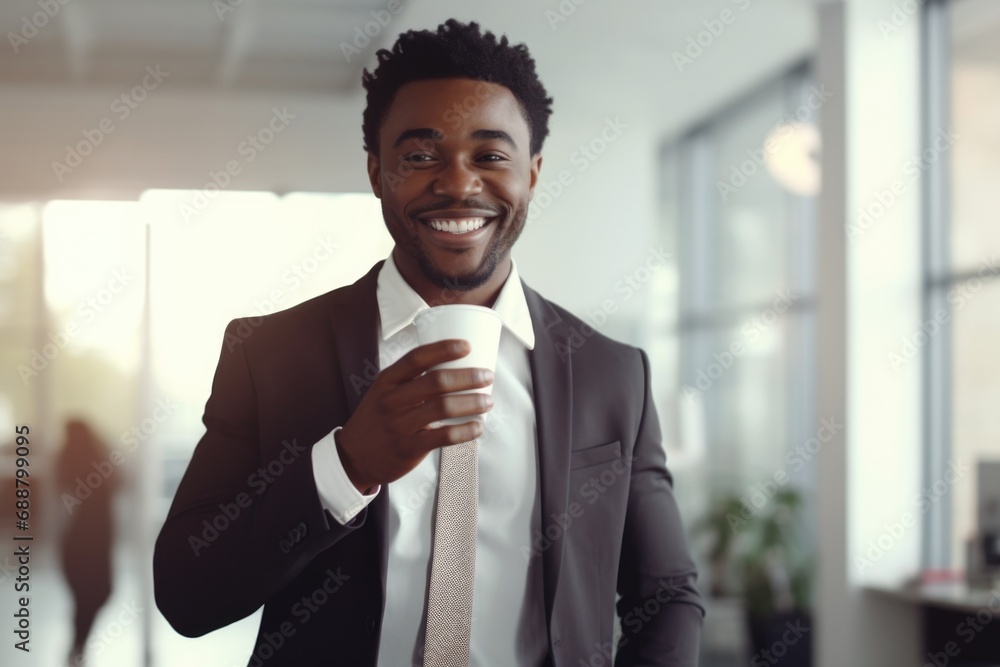 Poster a man dressed in a suit and tie holds a cup of coffee. suitable for business-related themes and conc