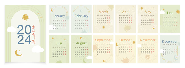 12-month calendar for 2024. Set for 12 months and a case. Vector A3 calendar template in boho style.