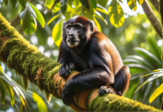A captivating image featuring a howler monkey, echoing its distinctive call in the lush canopy