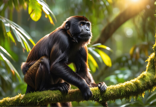 A captivating image featuring a howler monkey, echoing its distinctive call in the lush canopy