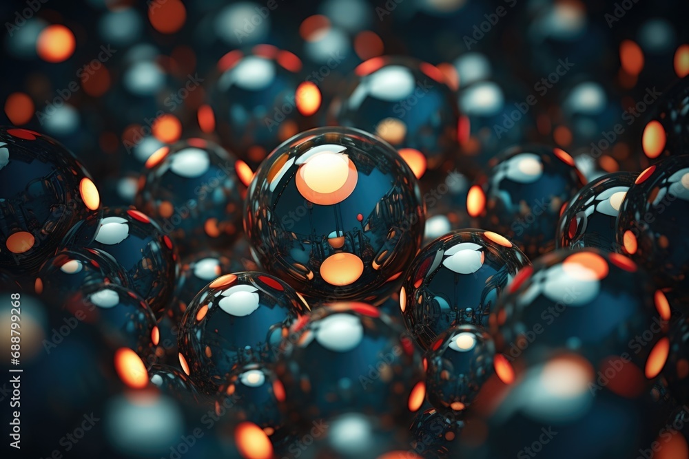 Poster A bunch of shiny spheres with orange lights. Can be used to create a festive atmosphere or as a decorative element