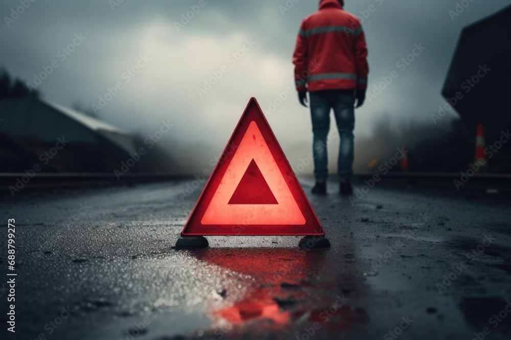 Poster A man in a red jacket standing next to a red triangle. Suitable for various design projects