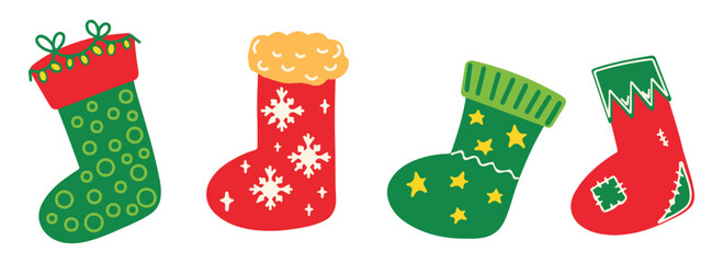Christmas socks vector background. A colorful sock for winter fun. Home decoration, place for gift. Merry Christmas. Cute Christmas stocking illustration vector. Various Christmas socks.