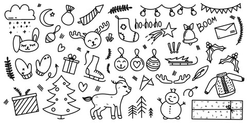 Winter handmade doodle. Set of Christmas design elements in doodle style. Merry Christmas and Happy New Year winter doodle. Vector doodle illustrations, thin line art sketch, icon style concept.