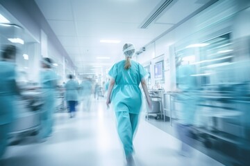 A blurry photo capturing a hospital hallway. This image can be used to depict the busy and fast-paced environment of a medical facility