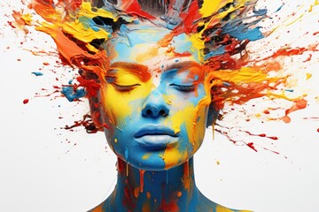 Woman's face covered in vibrant, colorful paint. Perfect for artistic projects or makeup tutorials