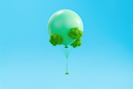 A unique image of a green balloon with trees attached to it. This versatile picture can be used for various purposes