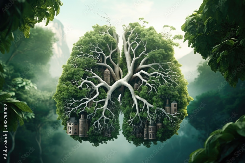 Poster lungs with trees growing out of them. this image represents the connection between nature and the re