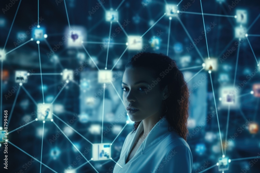 Poster a woman stands in front of a network of social icons. this image can be used to illustrate social me