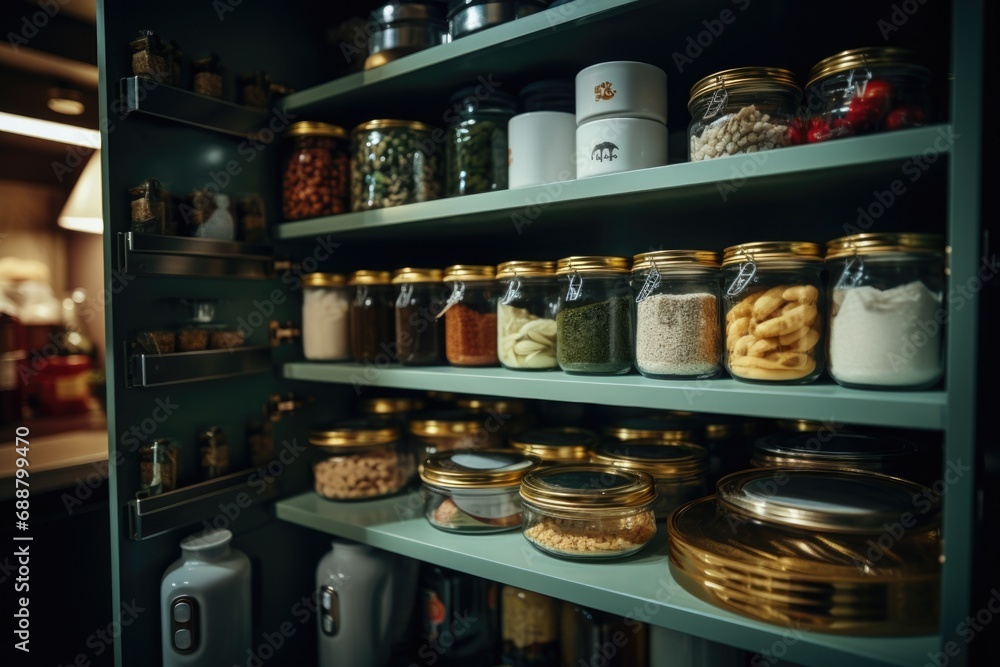 Poster a pantry filled with a variety of jars of food. this image can be used to showcase a well-stocked pa