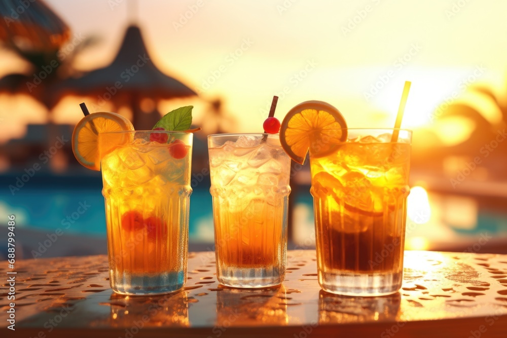 Poster Two glasses filled with drinks sitting on a table. Can be used for various occasions and settings