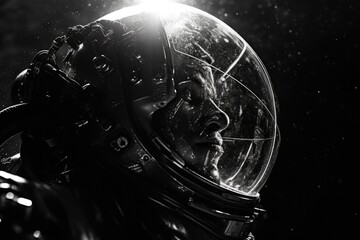 A black and white photo of a man wearing a space suit. Suitable for space exploration, science fiction, or futuristic themes