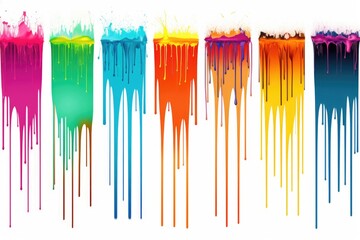 A row of multicolored dripping paint on a white background. Perfect for artistic projects or creative designs