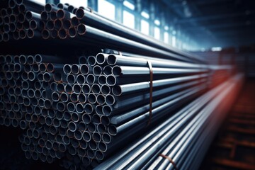 A stack of steel pipes ready for construction. Versatile image for industrial projects - obrazy, fototapety, plakaty