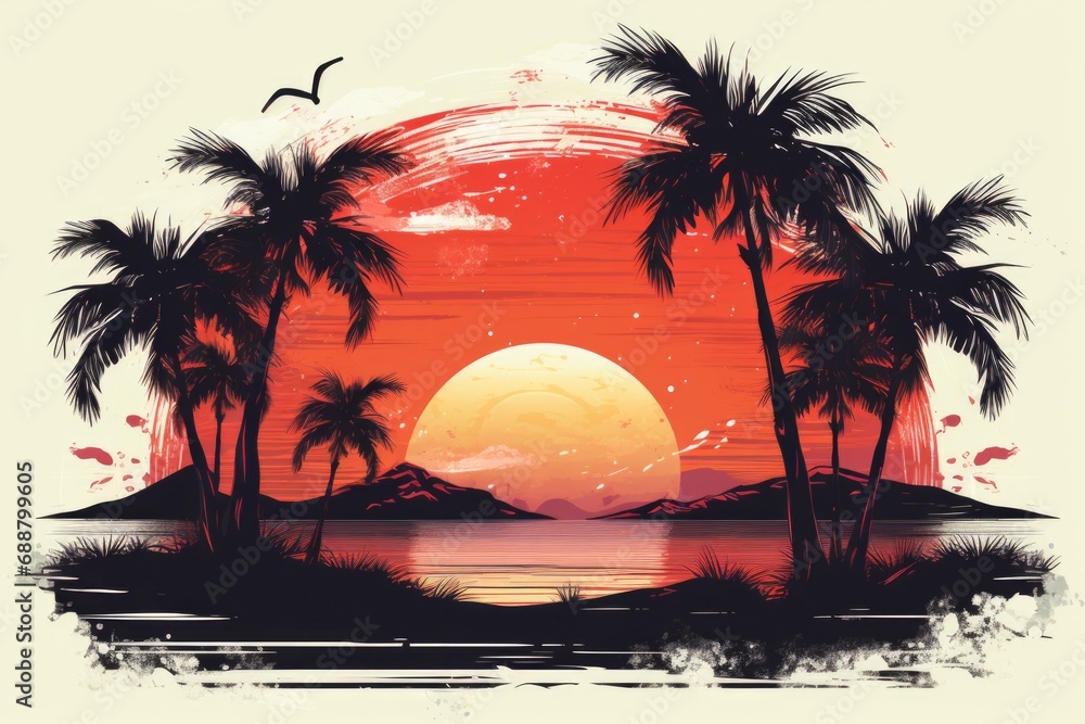 Poster a beautiful painting capturing the serene beauty of a sunset with palm trees. perfect for adding a t