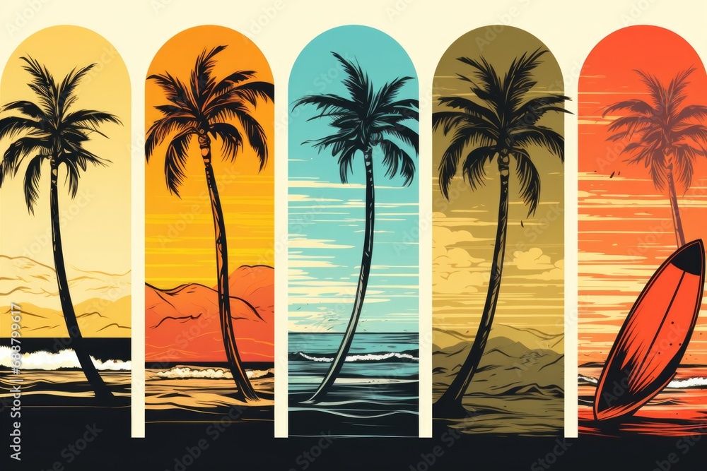 Poster surfboards lined up on the beach with beautiful palm trees in the background. perfect for beach and 