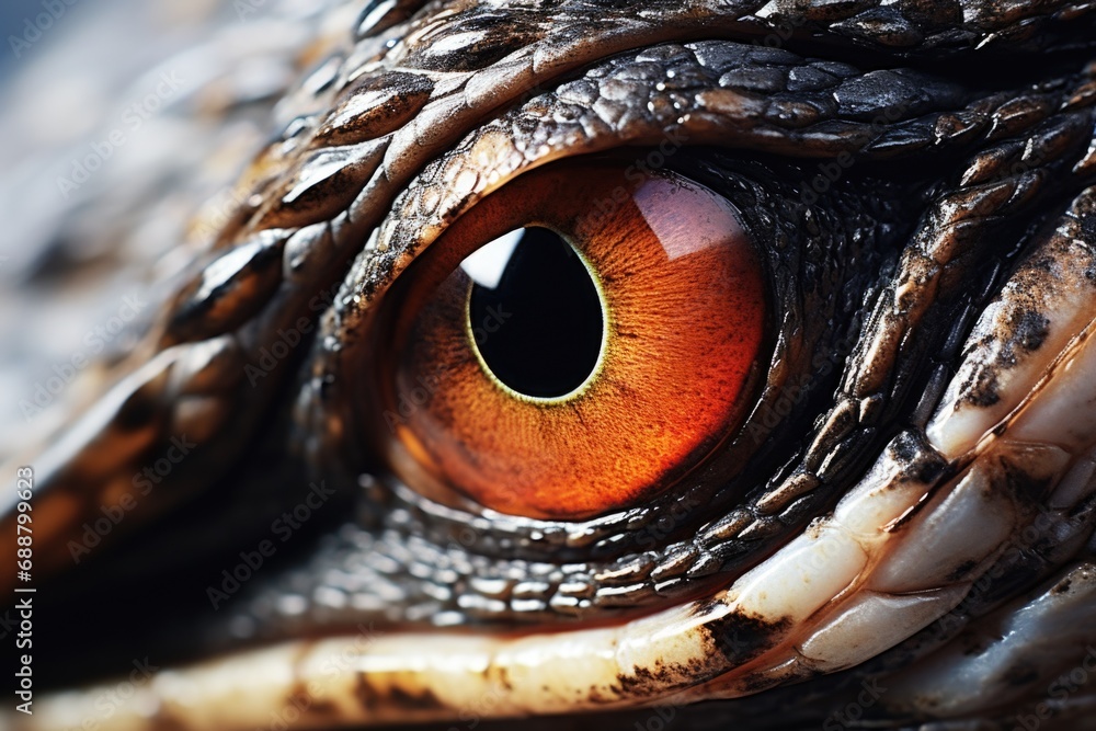 Poster A close-up view of a bird's eye and beak. This image can be used to showcase the intricate details of a bird's facial features