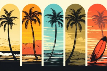 Surfboards lined up on the beach with beautiful palm trees in the background. Perfect for beach and summer-themed designs