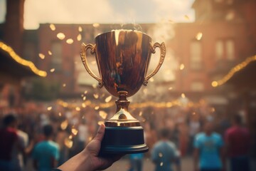 A person holding a trophy in front of a cheering crowd. Perfect for celebrating achievements and recognizing success - obrazy, fototapety, plakaty