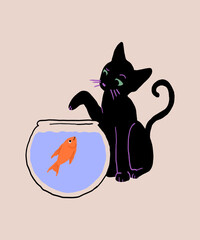 Cartoon cat playing with fish in tank