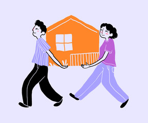 Cartoon man and woman carrying house