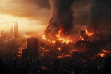 Fototapeta premium A picture capturing a city engulfed in fire and smoke. This dramatic image can be used to depict destruction, disaster, or urban chaos.