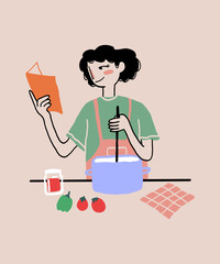 Cartoon woman reading recipe while cooking