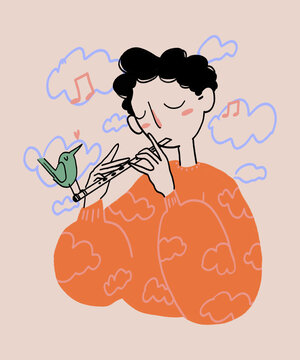 Cartoon man playing flute with bird