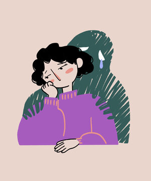 Lonely cartoon woman in sweater expressing sadness
