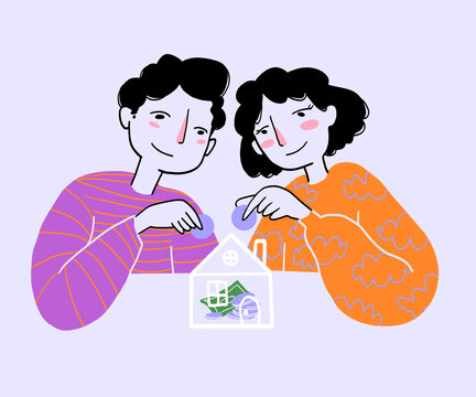 Cartoon couple saving money for house