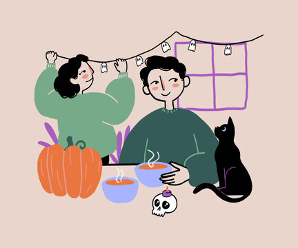 Cartoon couple decorating house for Halloween