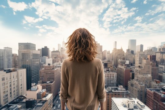 A woman standing on top of a tall building. Ideal for illustrating themes of success, achievement, and conquering fears. Suitable for use in business, motivation, and urban lifestyle concepts