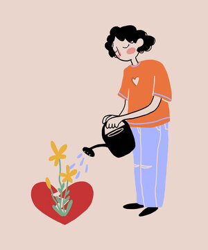 Cartoon woman pouring flowers inside broken heart