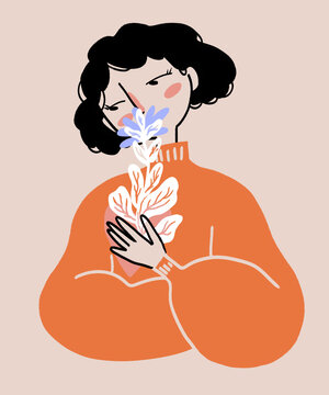 Cartoon woman smelling blue flower