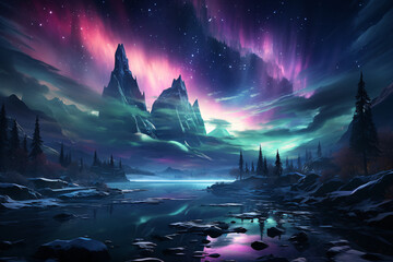 multicolored flashes of the aurora borealis in the sky. the northern night landscape. - obrazy, fototapety, plakaty