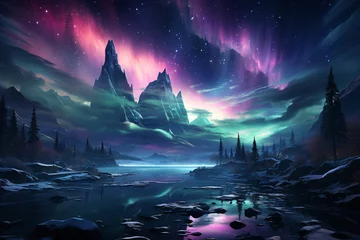 Fotobehang multicolored flashes of the aurora borealis in the sky. the northern night landscape. © MaskaRad