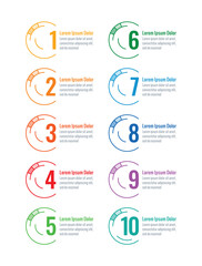 colorful 1-10 numbers infographic template. presentation, catalog, annual report, business, web information template. technological rounds and numbers info template