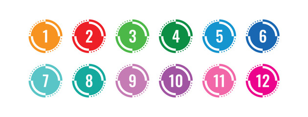 colorful 1-12 numbers. numbers in circle. colored buttons and numbers