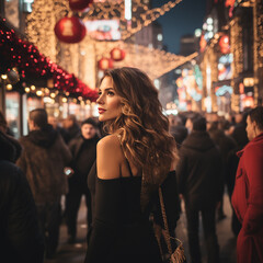 Fototapeta na wymiar woman crossing decorated night street in beautiful festive dress, ai