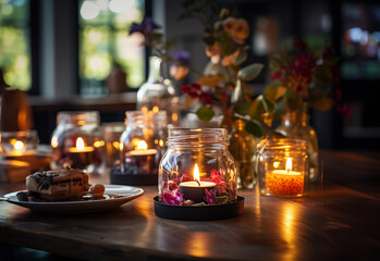 Fototapeta na wymiar burning candles on a wooden table. magical scandinavian atmosphere with candles on a dark table. hygge background with candles and flowers.